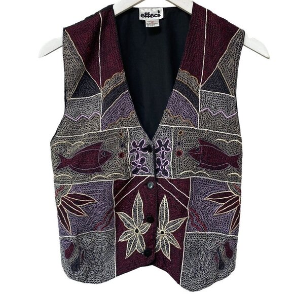 EFFECI Vintage Vest Embroidered Cotton Boho Fish Flowers Black Burgundy - Picture 1 of 11